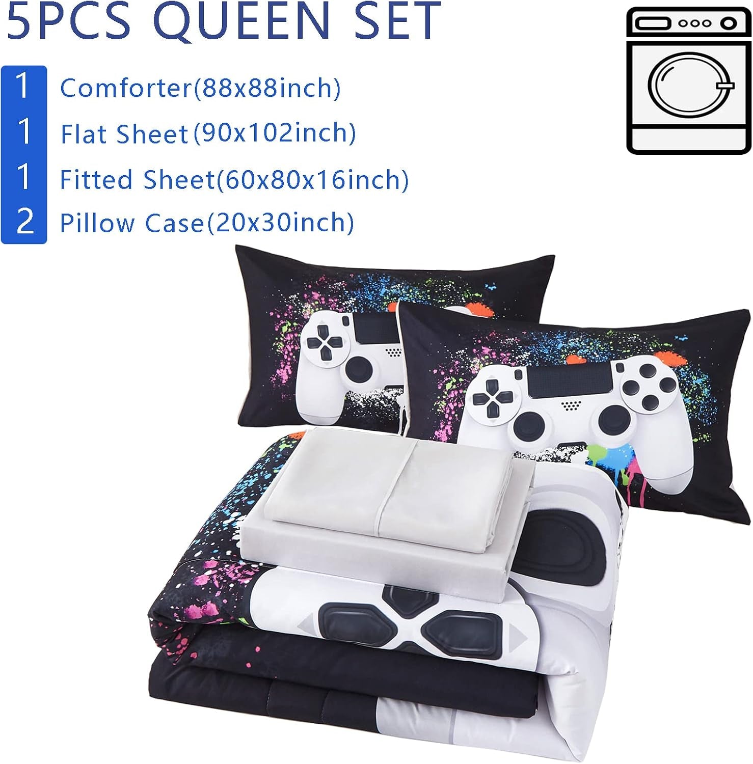 5 Piece Boys Queen Gamer Comforter Set with Sheets, 3D Colorful Video Game Controller Comforter for Kids Teen, All Season Soft Microfiber Gaming Bedding Set(White,Queen)