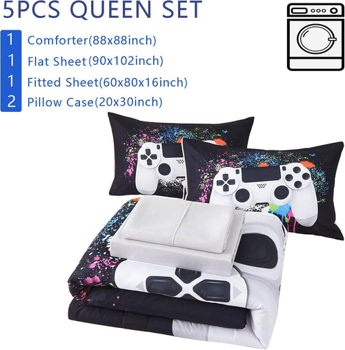 5 Piece Boys Queen Gamer Comforter Set with Sheets, 3D Colorful Video Game Controller Comforter for Kids Teen, All Season Soft Microfiber Gaming Bedding Set(White,Queen)