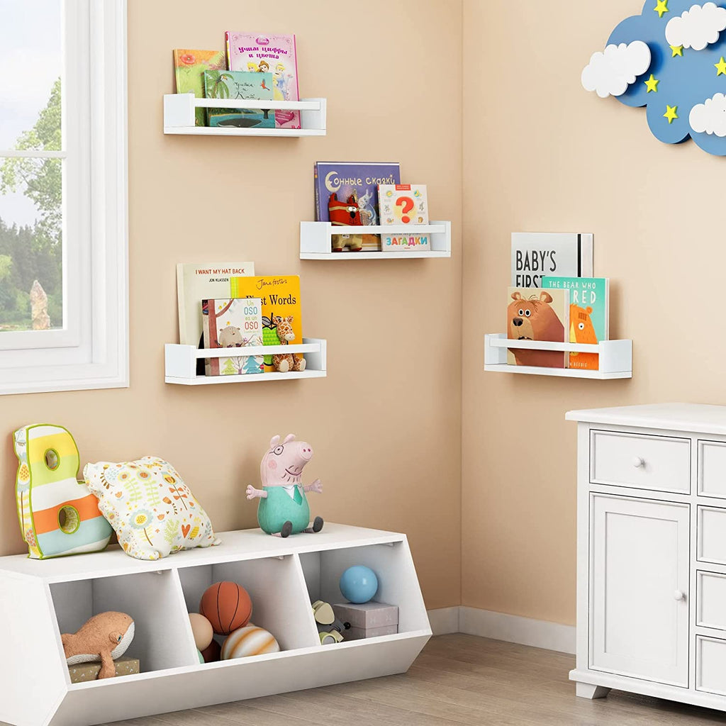 Floating Nursery Book Shelves for Wall Set of 4, Wall Bookshelf for Kids Room, White Wood Hanging Bookshelves Book Shelf for Baby Toddler Childrens Boy Girl Bedoom Toy and Decor Storage