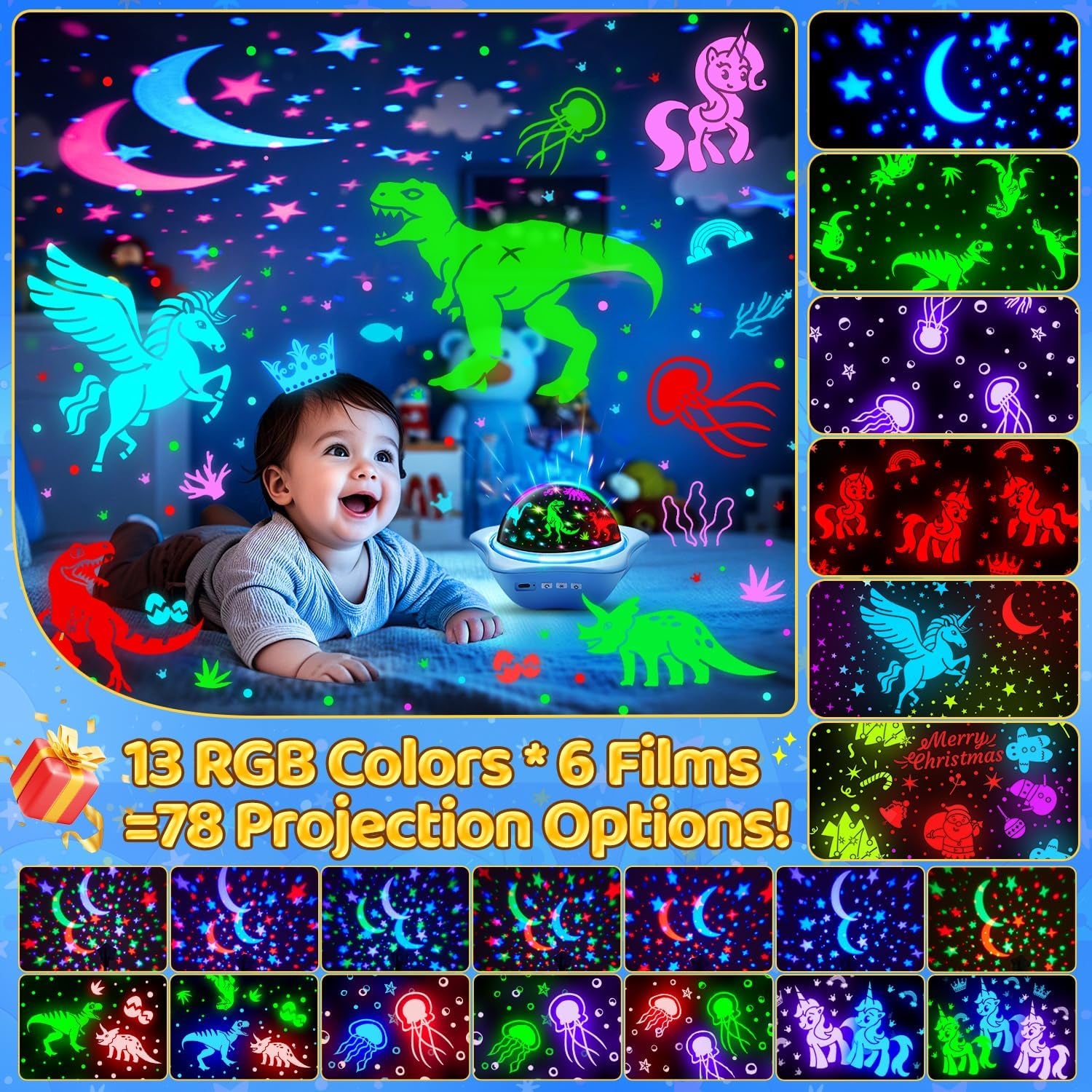 Night Light for Kids Toys,6 Films+78 Lighting Modes Star Projector,Rechargeable Night Light Projector,360°Rotion Star Lights for Bedroom Decor,Birthday Gifts for Kids Baby Sensory Toys Autism | 78 Lighting Modes Rechargeable Night Light Projector,360°Rotion Star Lights for Bedroom Decor,Birthday Gifts Baby Sensory Toy