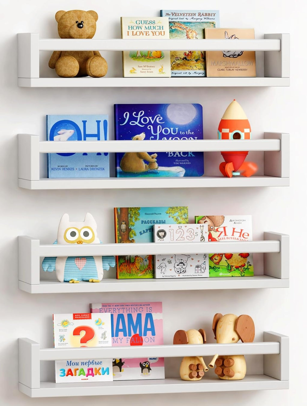 Floating Nursery Book Shelves for Wall Set of 4, Wall Bookshelf for Kids Room, White Wood Hanging Bookshelves Book Shelf for Baby Toddler Childrens Boy Girl Bedoom Toy and Decor Storage