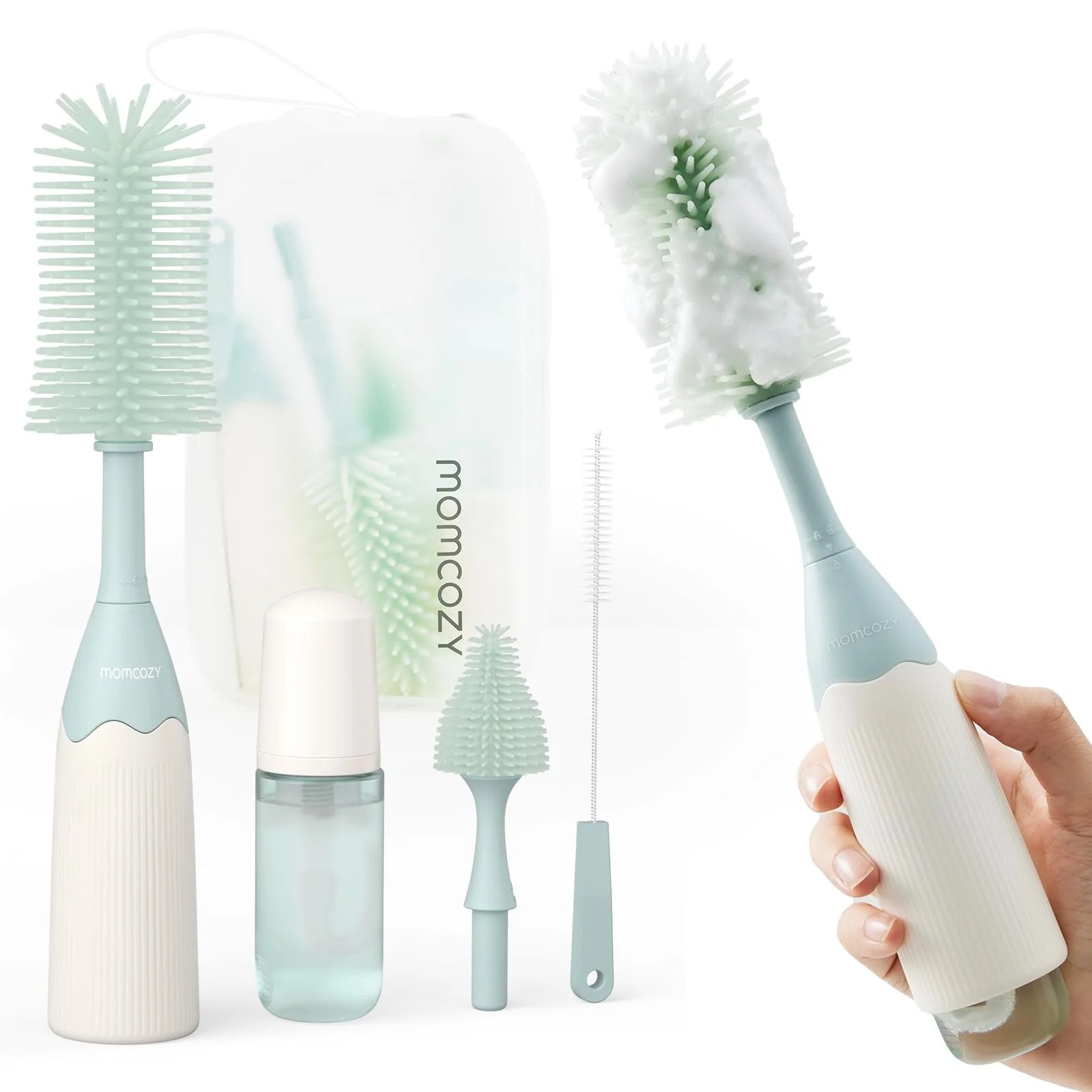 Portable Bottle Brush Set - Baby Bottle Cleaner Kit with Silicone Brush, Nipple Brush, Straw Brush, Soap Dispenser, Drying Rack - 6 in 1 Bottle Cleaning Tool for Home and Travel 1 Set Green