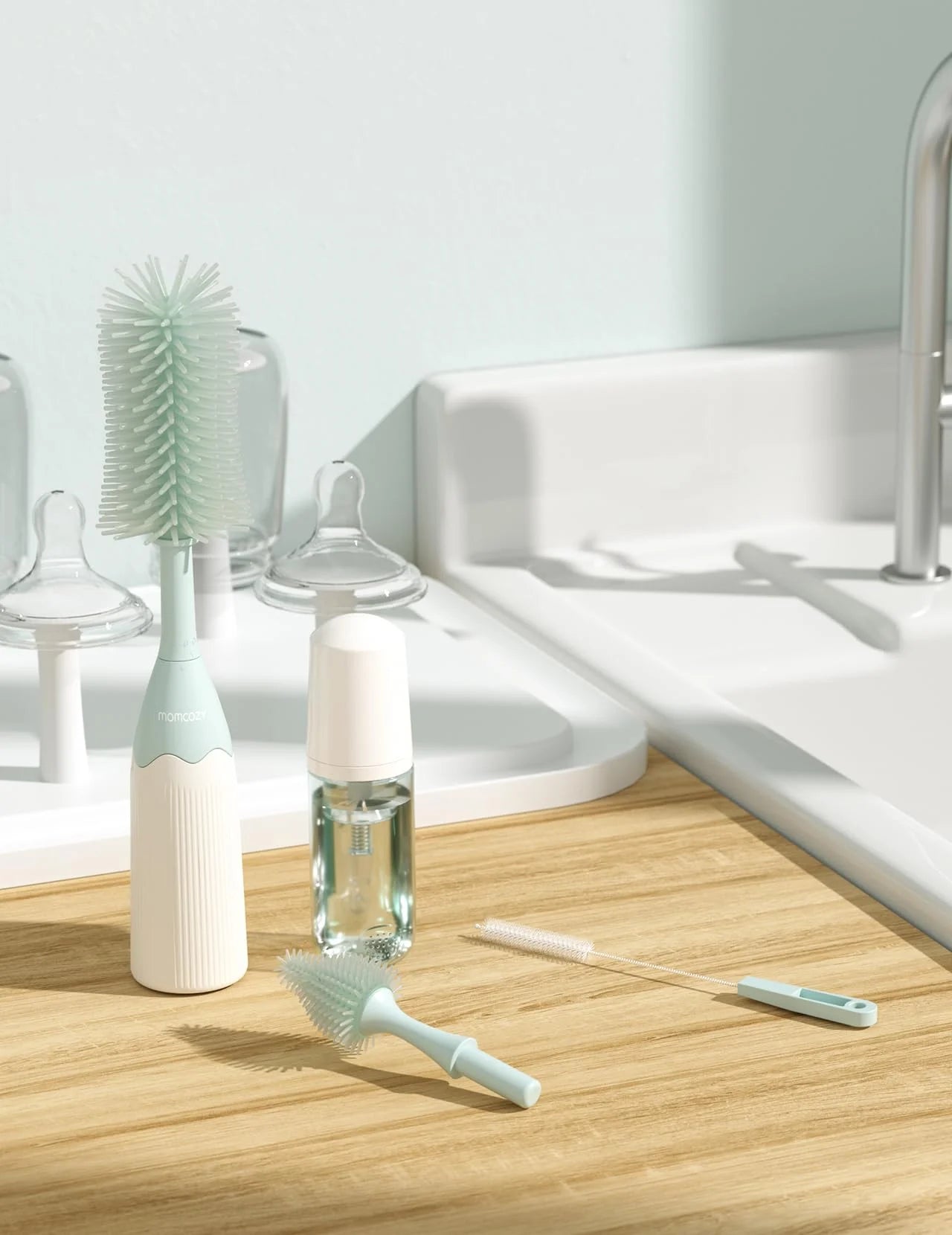 Portable Bottle Brush Set - Baby Bottle Cleaner Kit with Silicone Brush, Nipple Brush, Straw Brush, Soap Dispenser, Drying Rack - 6 in 1 Bottle Cleaning Tool for Home and Travel 1 Set Green