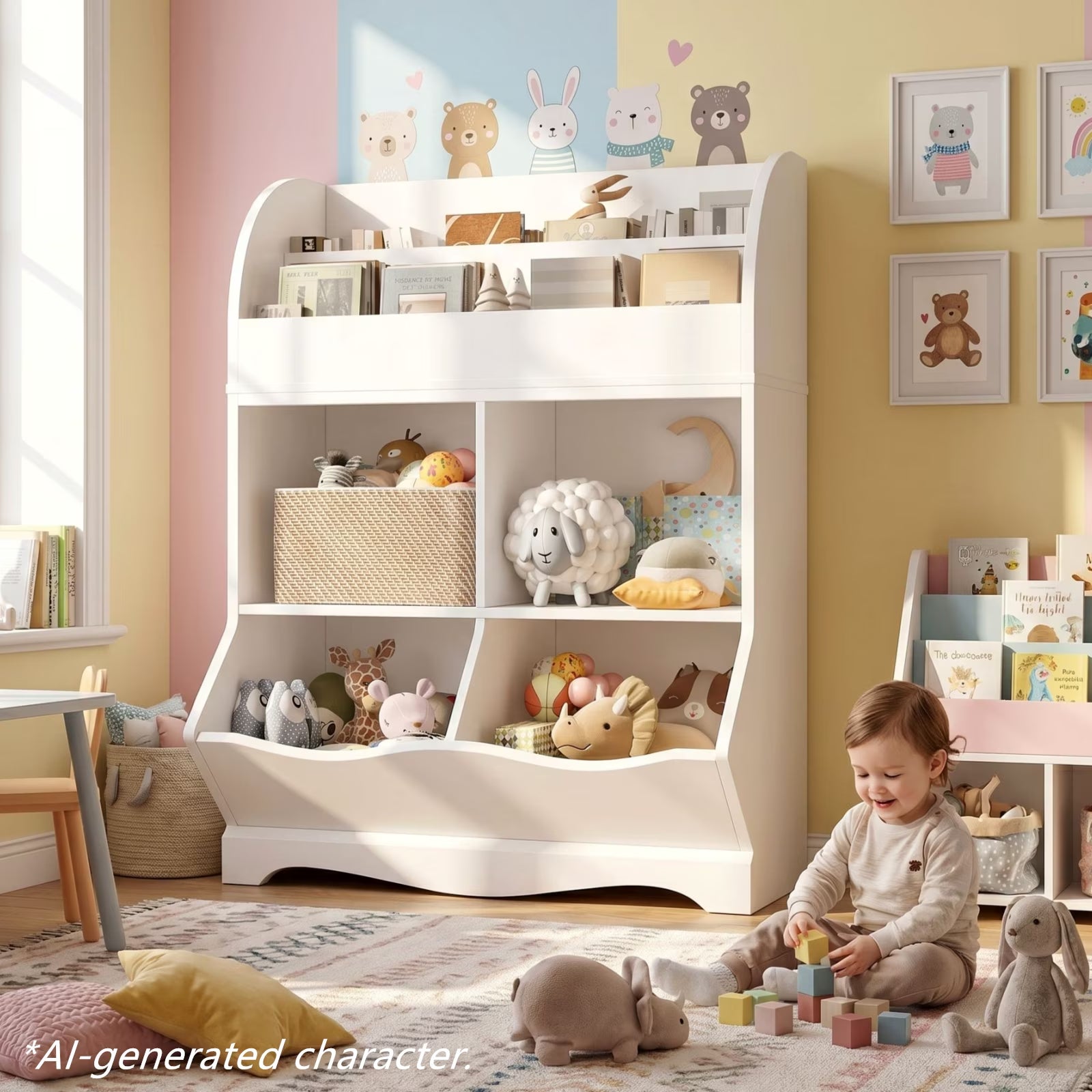 Kids Toy Storage Organizer, White Bookcase with Toy Box, Toy Chest Storage Cubbies with Bins for Nursery Playroom Bedroom