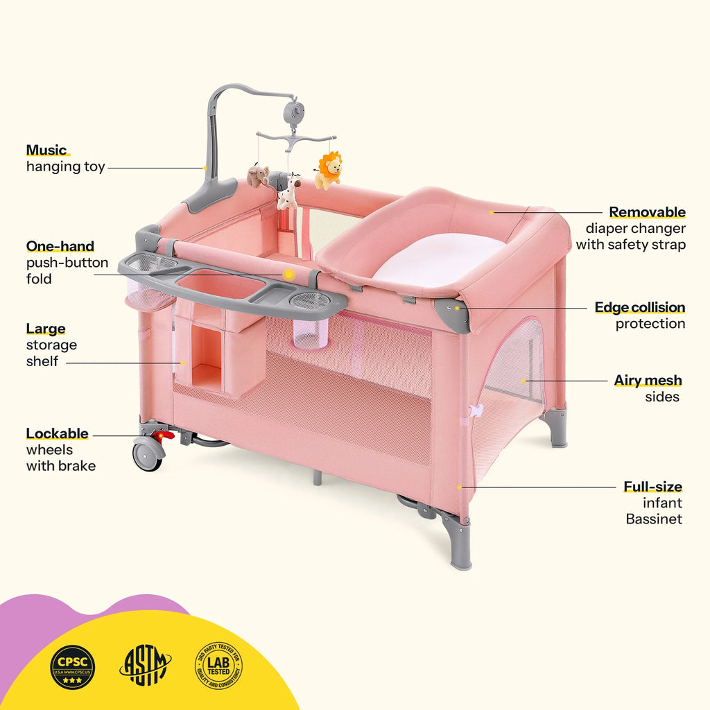 5 in 1 Baby Playard with Bassinet & Changing Table for Newborn, Pink
