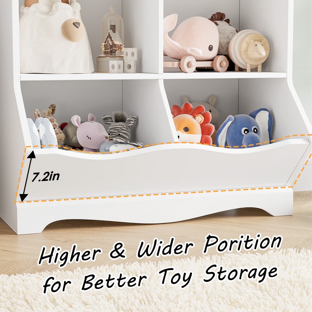 Kids Toy Storage Organizer, White Bookcase with Toy Box, Toy Chest Storage Cubbies with Bins for Nursery Playroom Bedroom