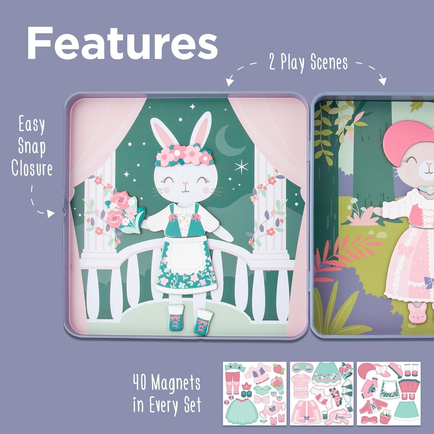 , Travel Tin Magnetic Dress Up,Bunny and Cat Small, 40 Unique Pieces