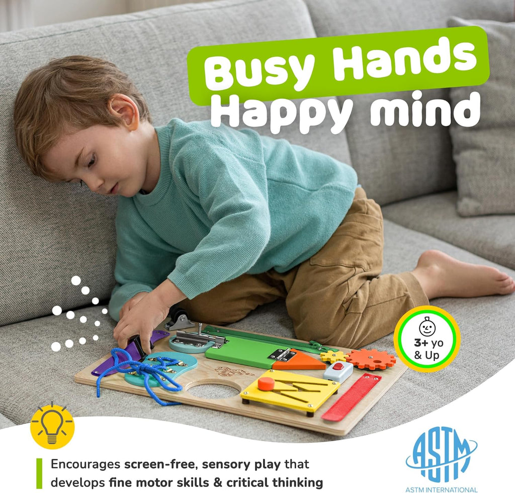 Toddler Busy Board, Premium Wooden Sensory Toy | Montessori Busy Board for Toddlers 3 Year Old with 10 Educational Activities for Fine Motor Skills, Travel Toy