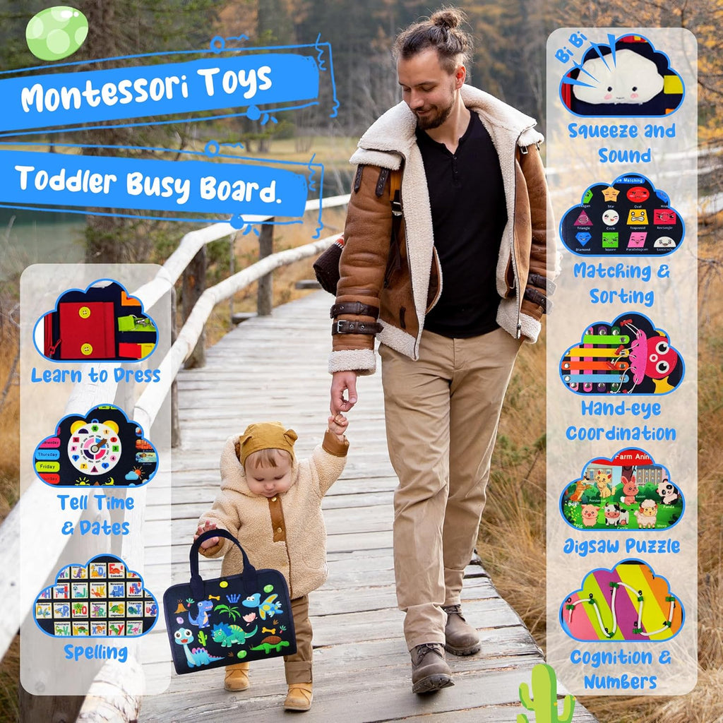 Busy Board for Toddlers 3+ Years Old, Montessori Sensory Toy | 8-Layer Felt, Educational Learning Fine Motor Skills Activity Board, Travel Toys for Car Airplane, Gifts for Boys Girls