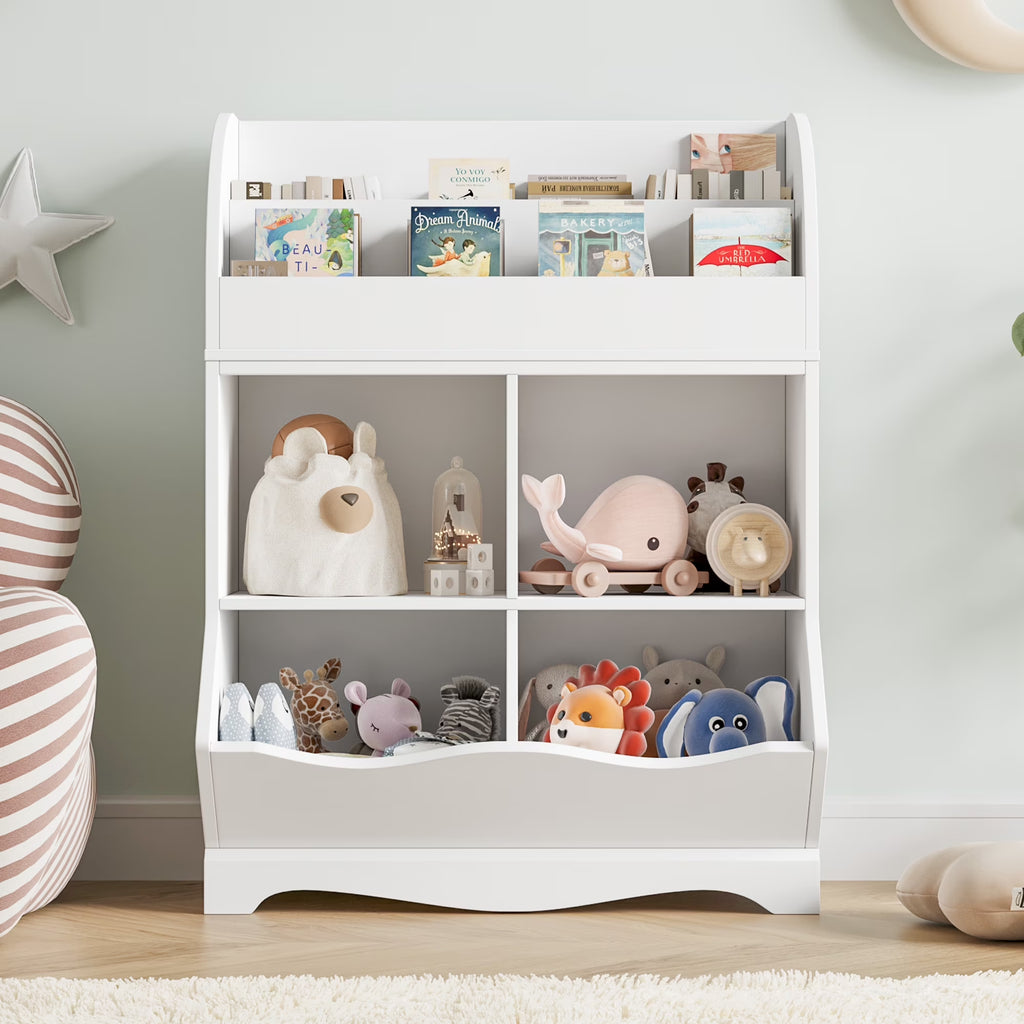Kids Toy Storage Organizer, White Bookcase with Toy Box, Toy Chest Storage Cubbies with Bins for Nursery Playroom Bedroom