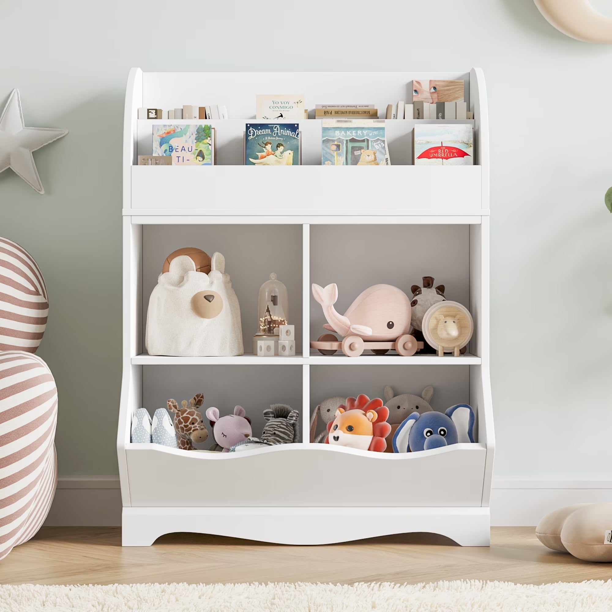 Kids Toy Storage Organizer, White Bookcase with Toy Box, Toy Chest Storage Cubbies with Bins for Nursery Playroom Bedroom