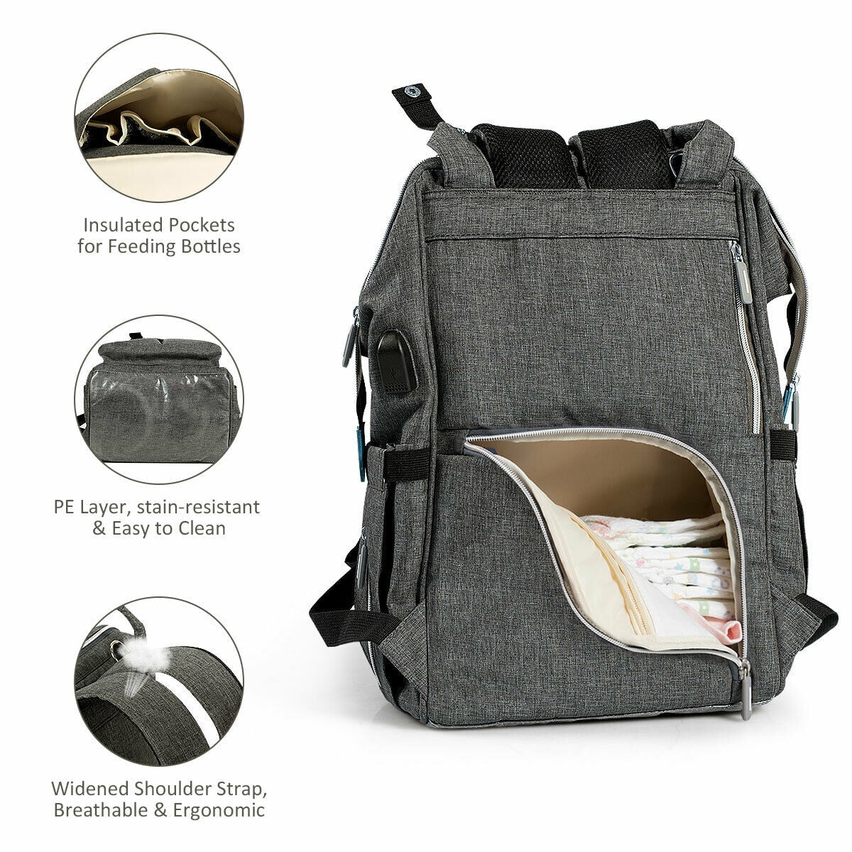 Diaper Bag Waterproof Baby Nappy Backpack W/Usb Charging Port