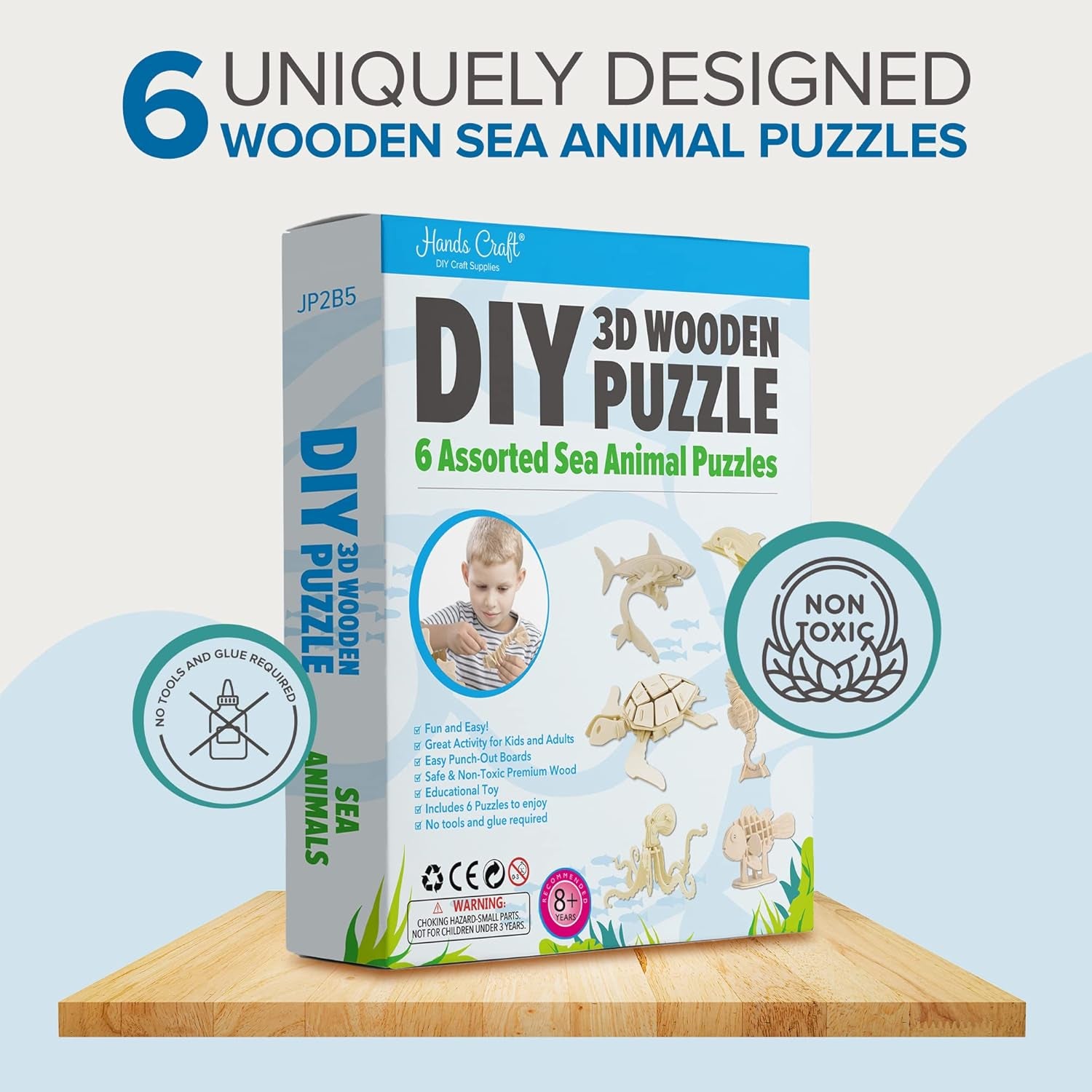 DIY 3D Wooden Puzzle – 6 Assorted Sea Animals Bundle Pack Set Brain Teaser Puzzles Educational STEM Toy Adults and Kids to Build Safe and Non-Toxic Easy Punch Out Premium Wood JP2B5