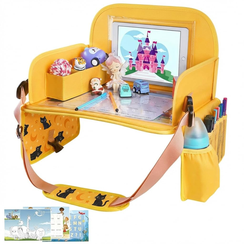 Kids Travel Tray for Toddler Car Seat, Toddler Gift for Boy | Road Trip Essentials Accessories Lap Tray, 16.5 X 13 Inch, Ipad Holder Stand, Storage Pockets, Snack Compartment, Yellow