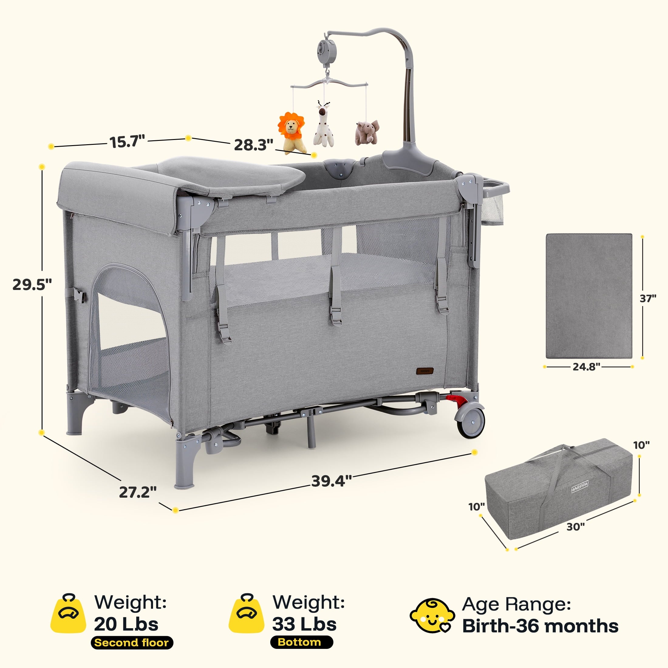 5 in 1 Portable Playard and Bassinet Bedside Sleeper for Newborn to Toddler, Unisex, Gray