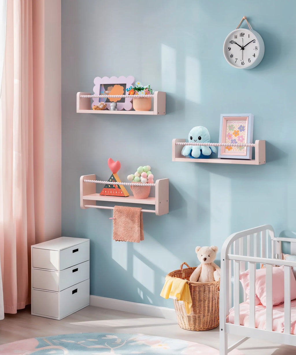 Nursery Floating Shelves for Wall, Kids Bookshelf Toy Storage Organizer Natural Wood Shelves Wall Mounted for Kids Room, Bedroom，Pink Set of 3 16In
