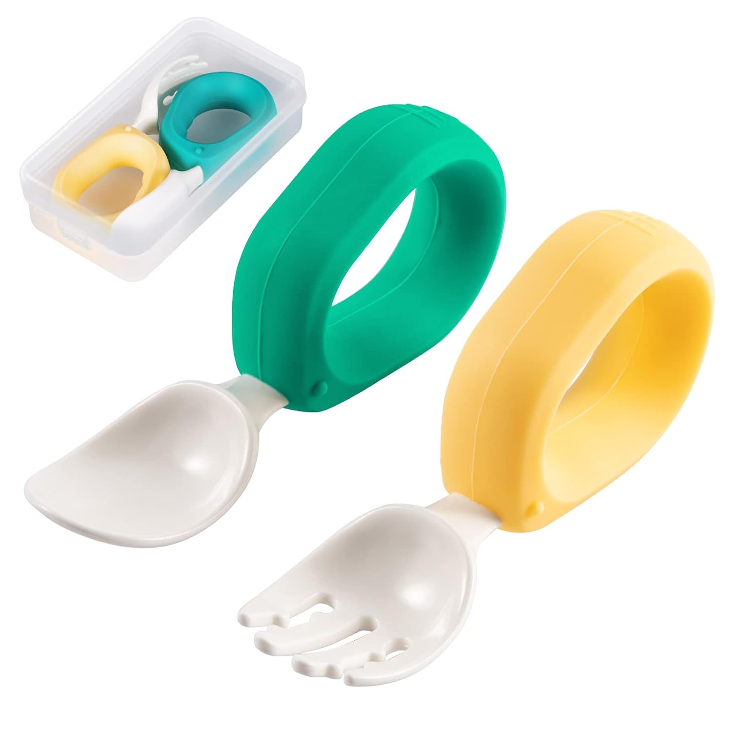 Baby Self Feeding Training Spoon and Fork Set with Travel Case, Bpa-Free Cute Circle Toddler Training Utensils, Silicone/Abs Great Tableware Set Spoons Fork for Kids(Deep Green & Light Yellow)