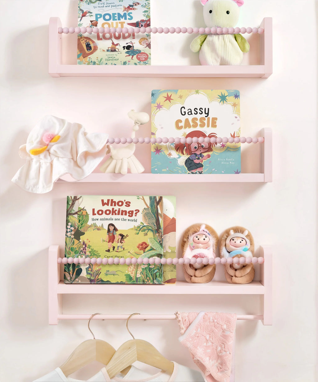 Nursery Floating Shelves for Wall, Kids Bookshelf Toy Storage Organizer Natural Wood Shelves Wall Mounted for Kids Room, Bedroom，Pink Set of 3 16In