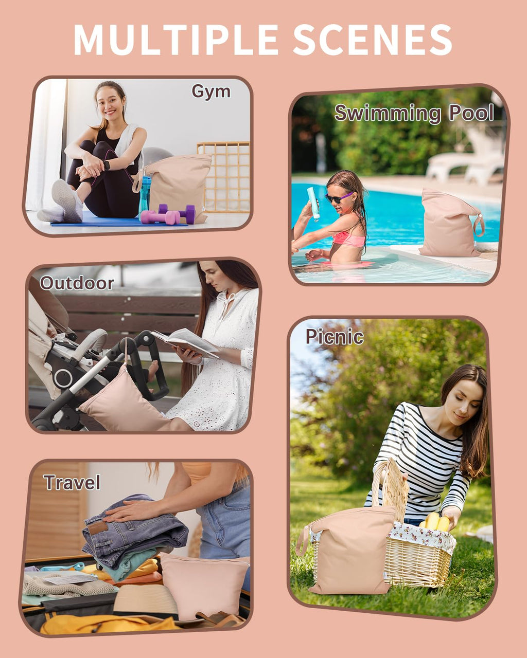 Wet Bag for Swimsuits, Waterproof Bag for Travel, Food Storage, Stroller, Daycare, Baby Diapers, Yoga, Beach, Pool, Wet Clothes-Light Pink