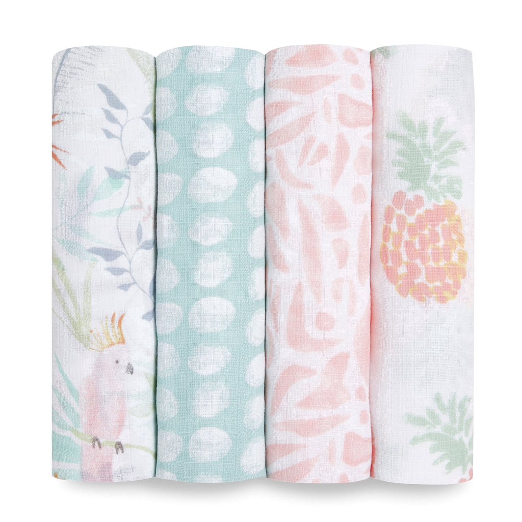 Essentials, Cotton Muslin Swaddle Blanket, Tropicalia, Girls, Infants, 4-Pack