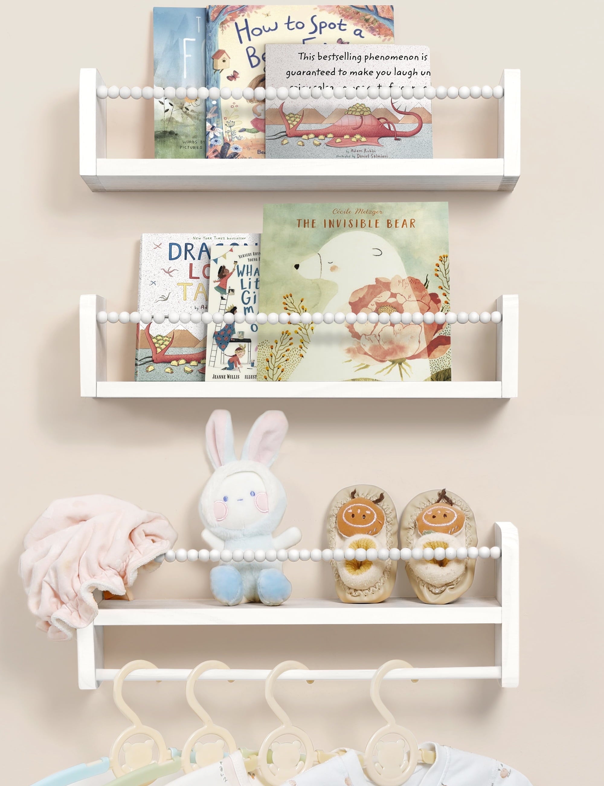 White Floating Shelves Set of 3 16In, Wood Book Shelf for Kids Rooms Bedroom Wall Mount Nursery Floating Bookshelves Toy Storage Organizer for Nursery Decor or Wall Shelves for Kitchen