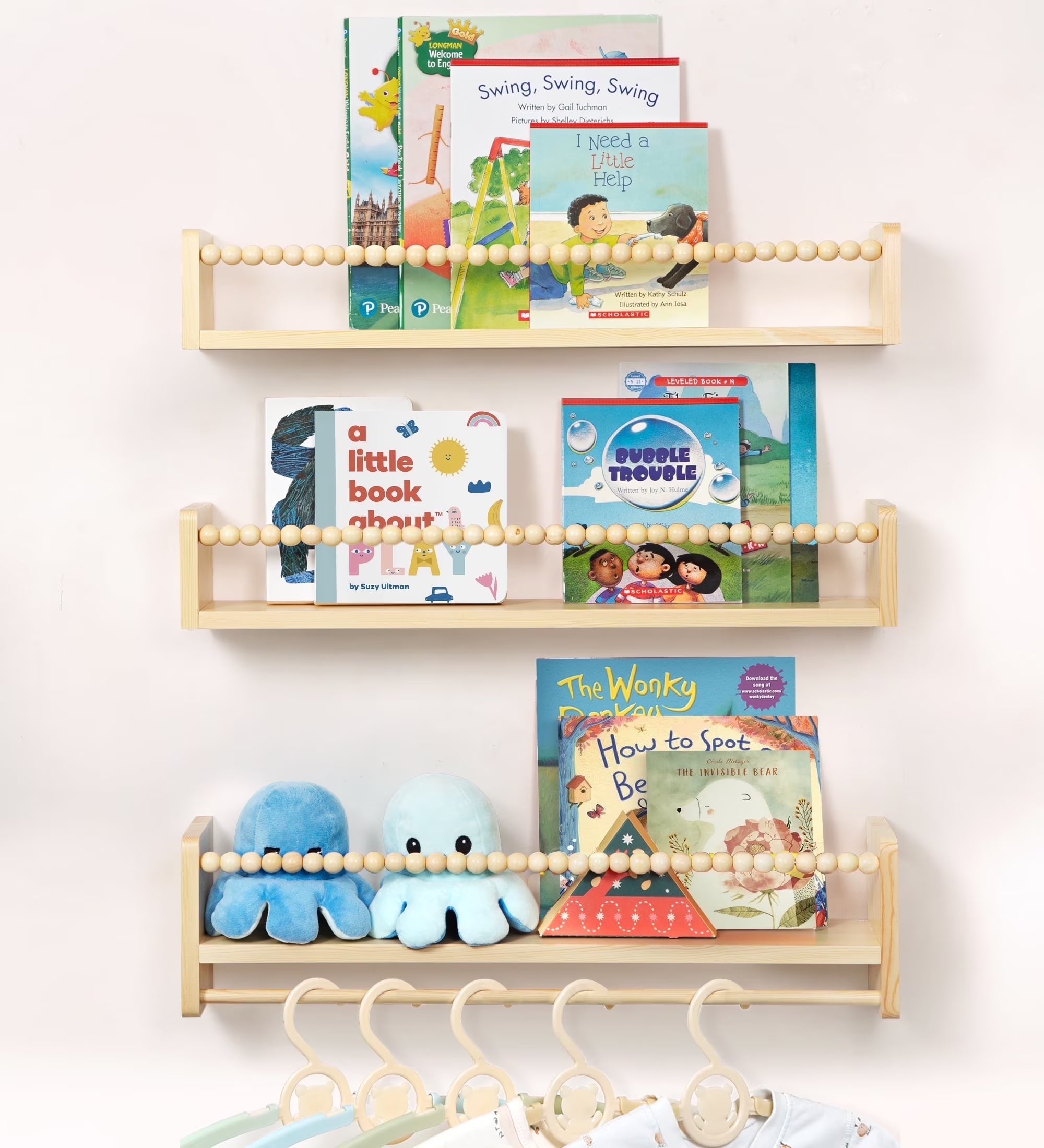 Nursery Floating Shelves for Wall, Kids Bookshelf Toy Storage Organizer Natural Wood Shelves Wall Mounted for Kids Room, Bedroom，Pink Set of 3 16In