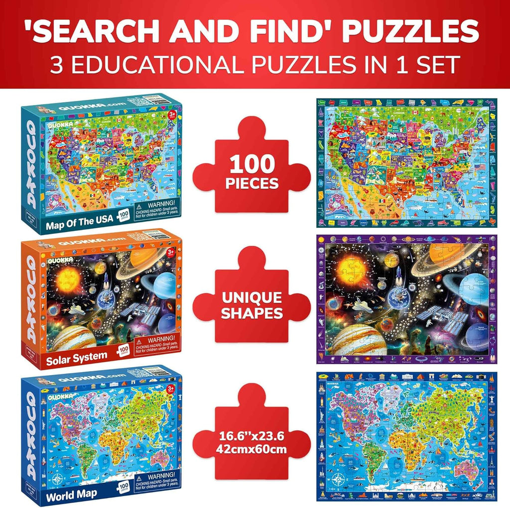 100 Piece Puzzles for Kids Ages 4-6 - 3 Jigsaw Kids Puzzles Ages 6-8 - Learning Map of the United States World Space - Toddler Educational Games for 5-8 Year - Toys for 8-10-12 Year Old