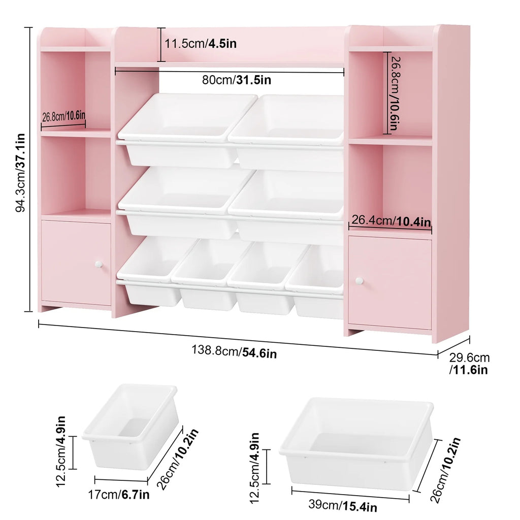 Kids Toy Storage Organizer Bookcase with 8 Bins, Pink Toy Storage Organizer Bookshelf with 2 Door for Children Playroom Organization