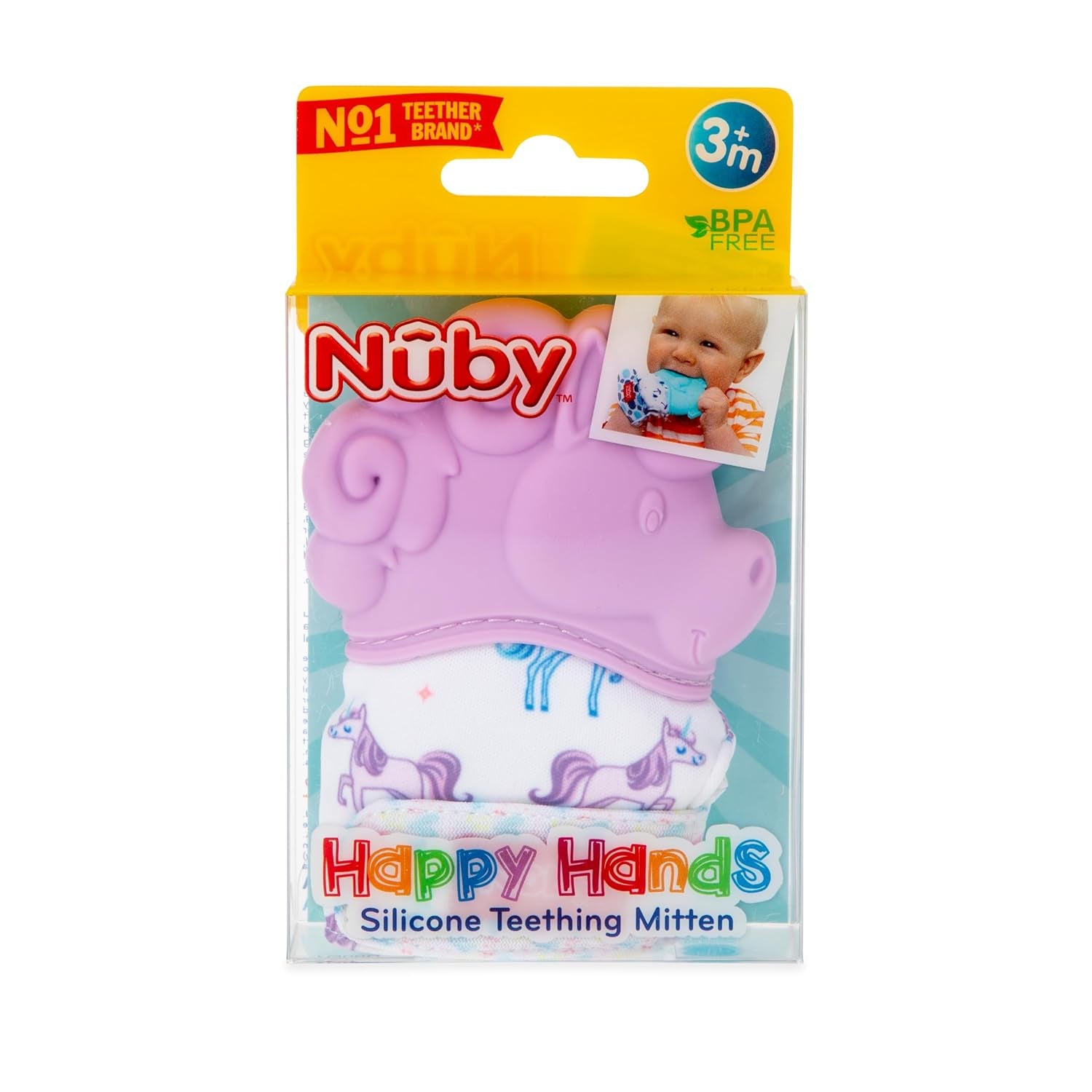 Happy Hands Silicone Teething Mitten for Babies - Soft Silicone Massaging Teether - Soothes Sore Gums - Easy-To-Wear and Machine Washable - 3+ Months - Unicorn
