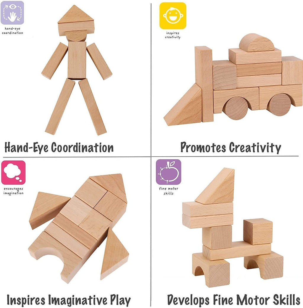 Wooden Blocks - 100 Pcs - Building Blocks for Toddlers - Includes Storage Container with Shape Sorter Lid - Natural Beech Wood Blocks - Preschool Learning Toys Stacking Block
