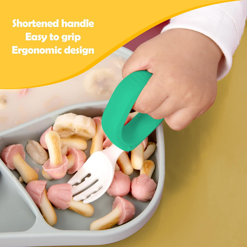 Baby Self Feeding Training Spoon and Fork Set with Travel Case, Bpa-Free Cute Circle Toddler Training Utensils, Silicone/Abs Great Tableware Set Spoons Fork for Kids(Deep Green & Light Yellow)