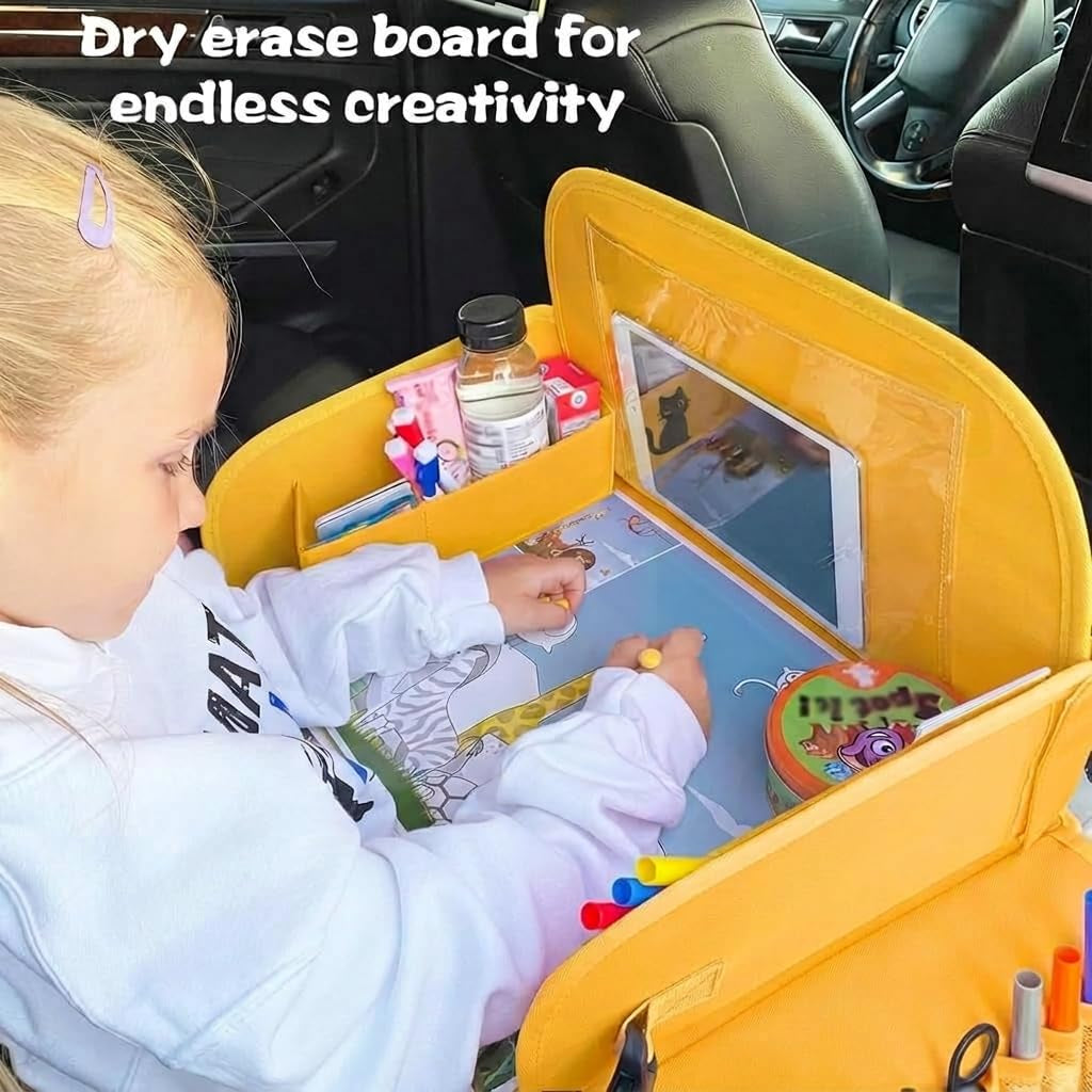 Kids Travel Tray for Toddler Car Seat, Toddler Gift for Boy | Road Trip Essentials Accessories Lap Tray, 16.5 X 13 Inch, Ipad Holder Stand, Storage Pockets, Snack Compartment, Yellow