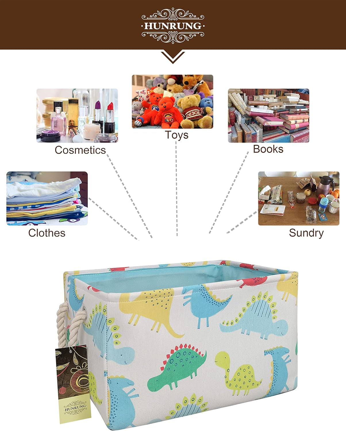 Rectangle Storage Basket Cute Canvas Organizer Bin for Pe, Dinosaur XL | Handles for Easy Toting.Collapsible Design for Compact, Convenient Storage.Spacious Capacity,15.74’’L ×11.02’’W×9.05’’H