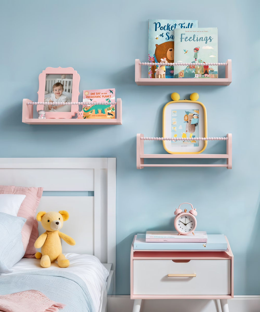Nursery Floating Shelves for Wall, Kids Bookshelf Toy Storage Organizer Natural Wood Shelves Wall Mounted for Kids Room, Bedroom，Pink Set of 3 16In
