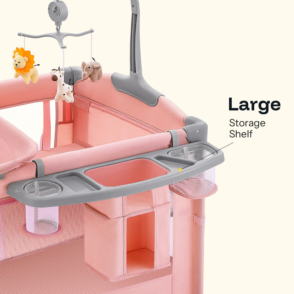 5 in 1 Baby Playard with Bassinet & Changing Table for Newborn, Pink
