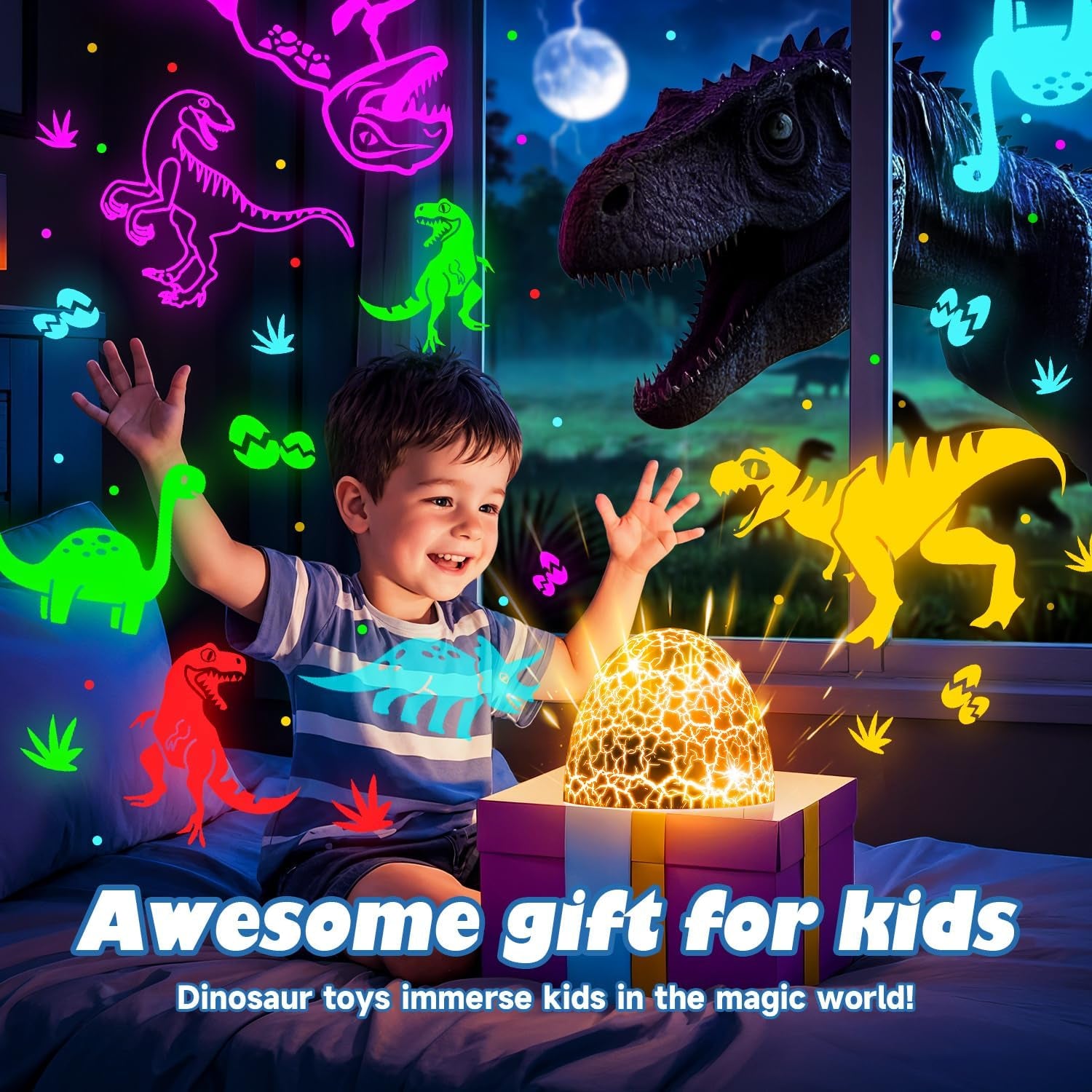 Dinosaur Toys for Kids 3-5 Easter Gifts for Kids Toys Night Light Projector Dinosaur Eggs Easter Eggs Night Light for Kids | 15 Sounds & 3D Films | 31Colors & Remote Control | Easter Toys