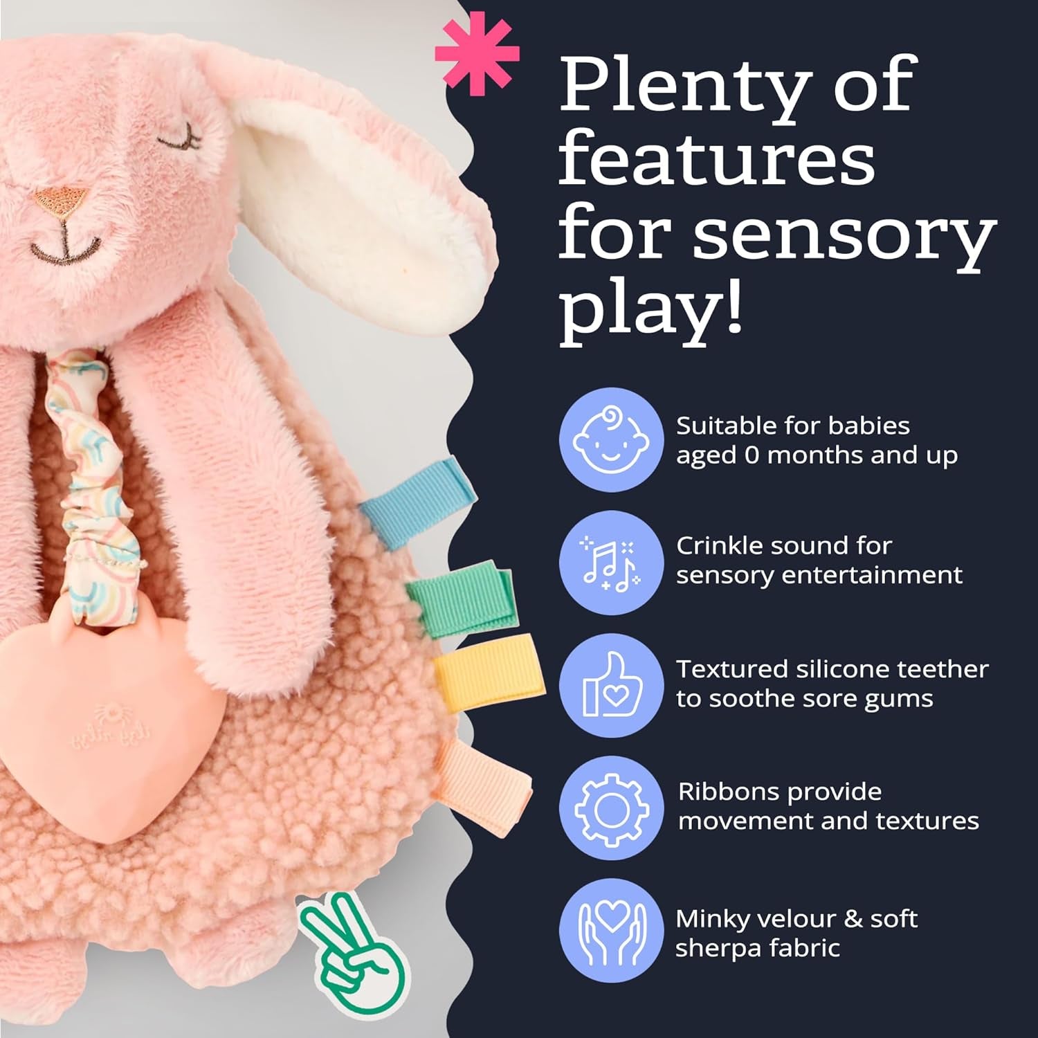 Itzy Ritzy - Itzy Lovey Including Teether - Baby Lovey with Teether, Textured Ribbons & Dangle Arms - Features Crinkle Sound, Sherpa Fabric and Minky Plush (Pink Bunny)