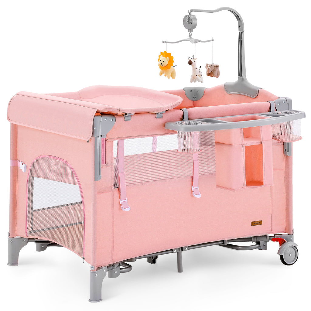 5 in 1 Baby Playard with Bassinet & Changing Table for Newborn, Pink