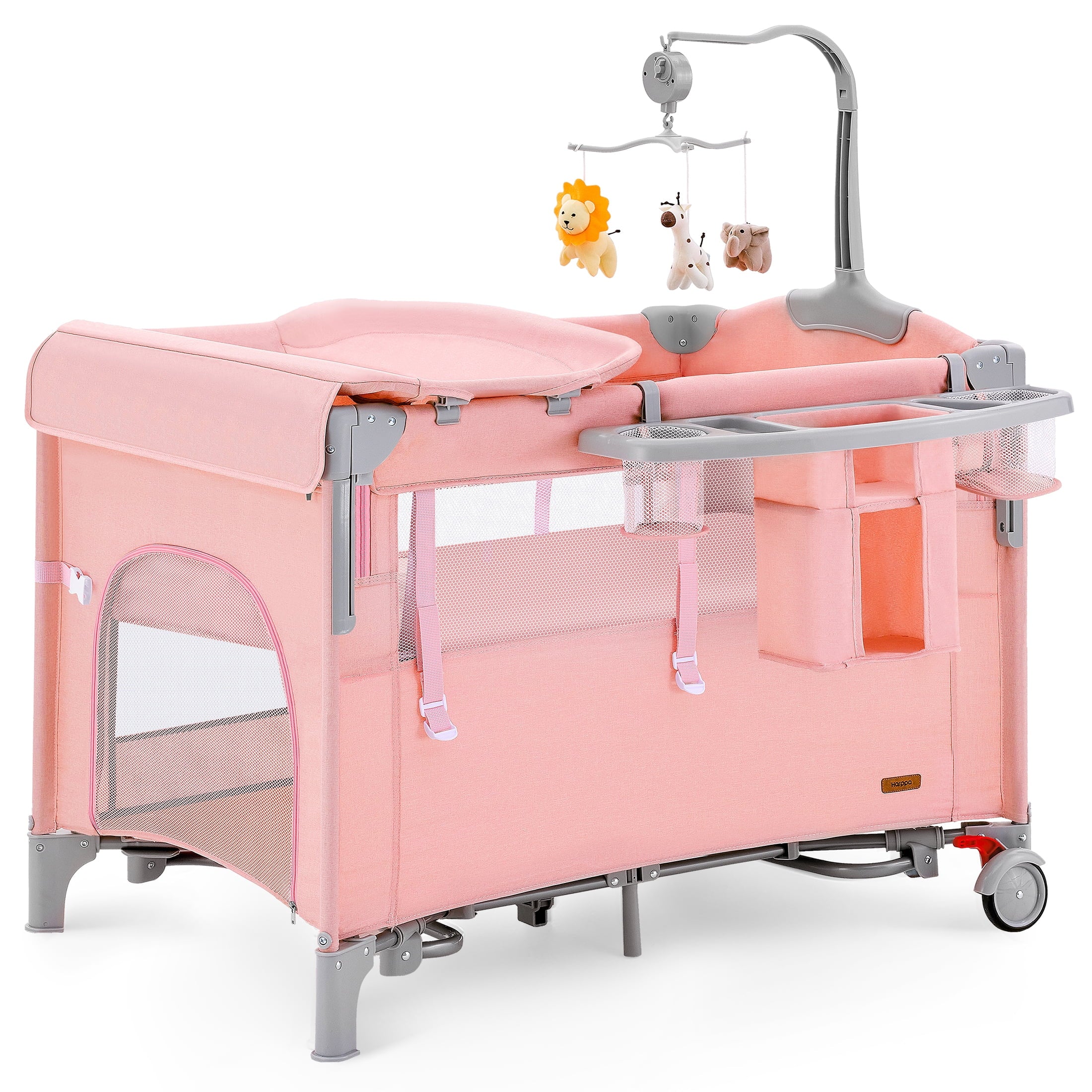 5 in 1 Baby Playard with Bassinet & Changing Table for Newborn, Pink