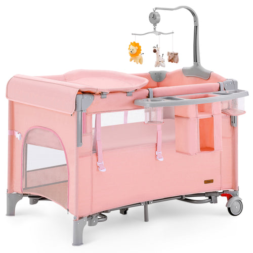 5 in 1 Baby Playard with Bassinet & Changing Table for Newborn, Pink
