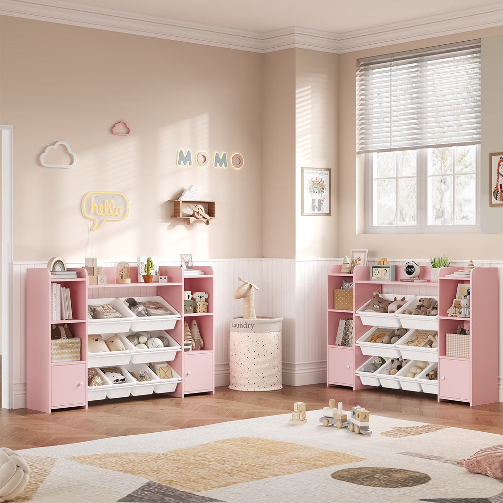 Kids Toy Storage Organizer Bookcase with 8 Bins, Pink Toy Storage Organizer Bookshelf with 2 Door for Children Playroom Organization
