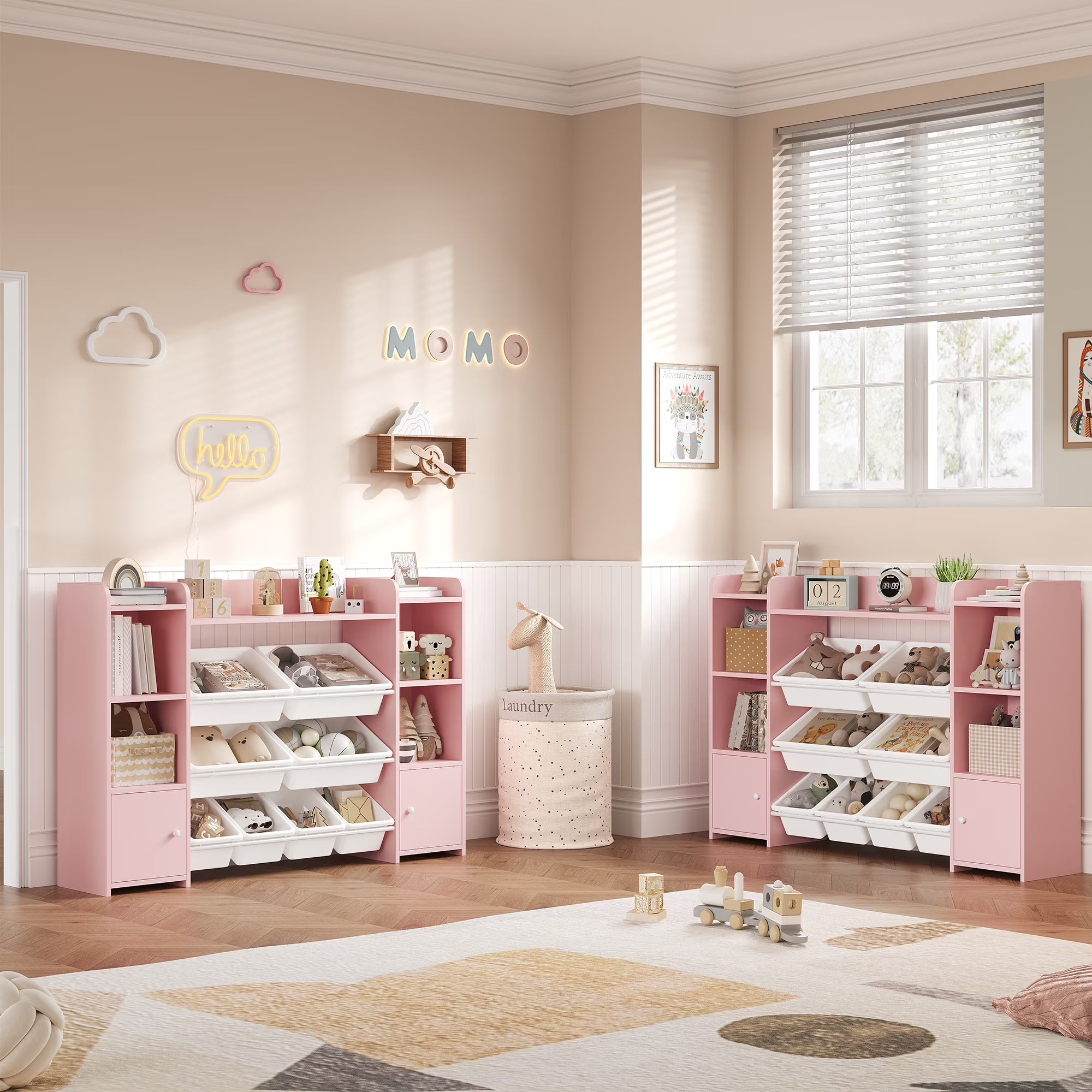 Kids Toy Storage Organizer Bookcase with 8 Bins, Pink Toy Storage Organizer Bookshelf with 2 Door for Children Playroom Organization