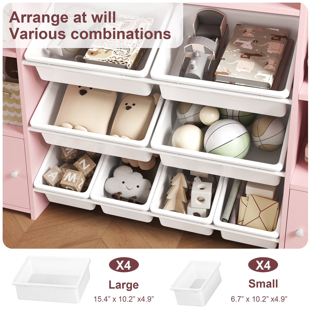 Kids Toy Storage Organizer Bookcase with 8 Bins, Pink Toy Storage Organizer Bookshelf with 2 Door for Children Playroom Organization