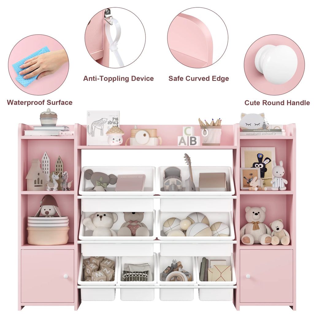 Kids Toy Storage Organizer Bookcase with 8 Bins, Pink Toy Storage Organizer Bookshelf with 2 Door for Children Playroom Organization