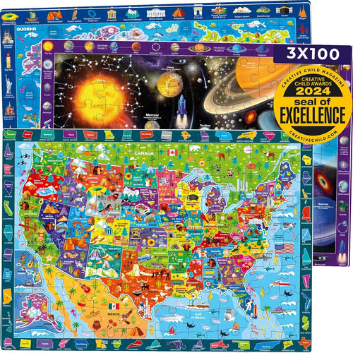 100 Piece Puzzles for Kids Ages 4-6 - 3 Jigsaw Kids Puzzles Ages 6-8 - Learning Map of the United States World Space - Toddler Educational Games for 5-8 Year - Toys for 8-10-12 Year Old