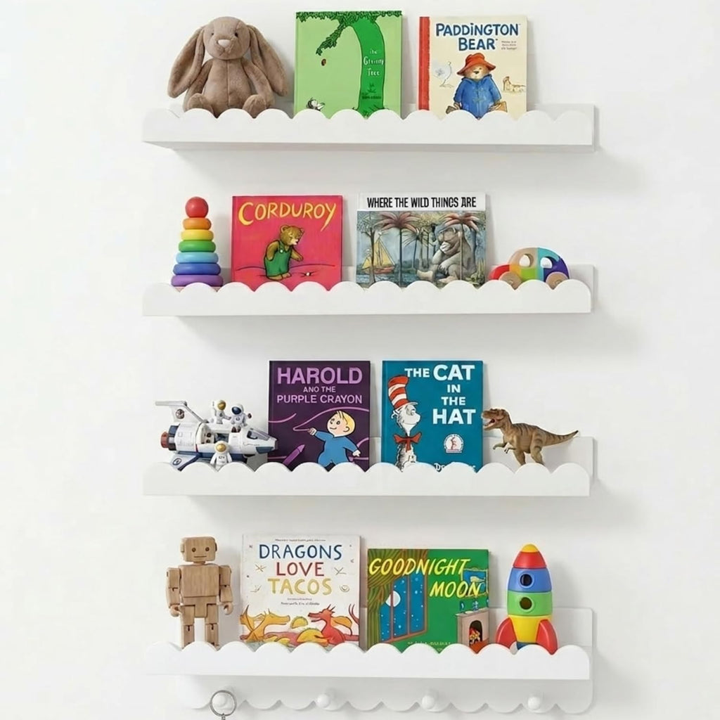 Nursery Book Shelves, Set of 4 White Floating Shelves for Wall Kids, 16.5” Scalloped Shelves, Wall-Mounted Book Shelf Decor for Kids, Wave Style