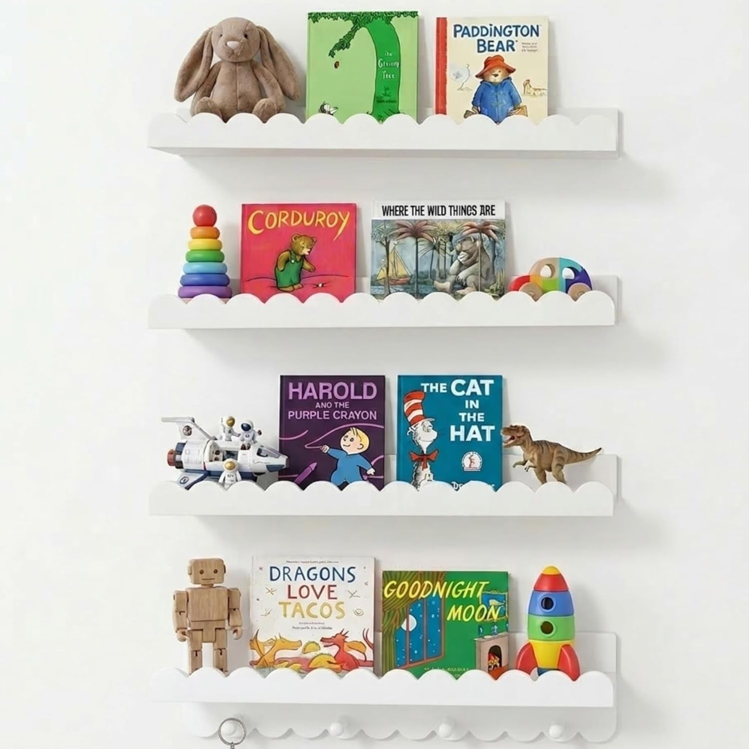 Nursery Book Shelves, Set of 4 White Floating Shelves for Wall Kids, 16.5” Scalloped Shelves, Wall-Mounted Book Shelf Decor for Kids, Wave Style