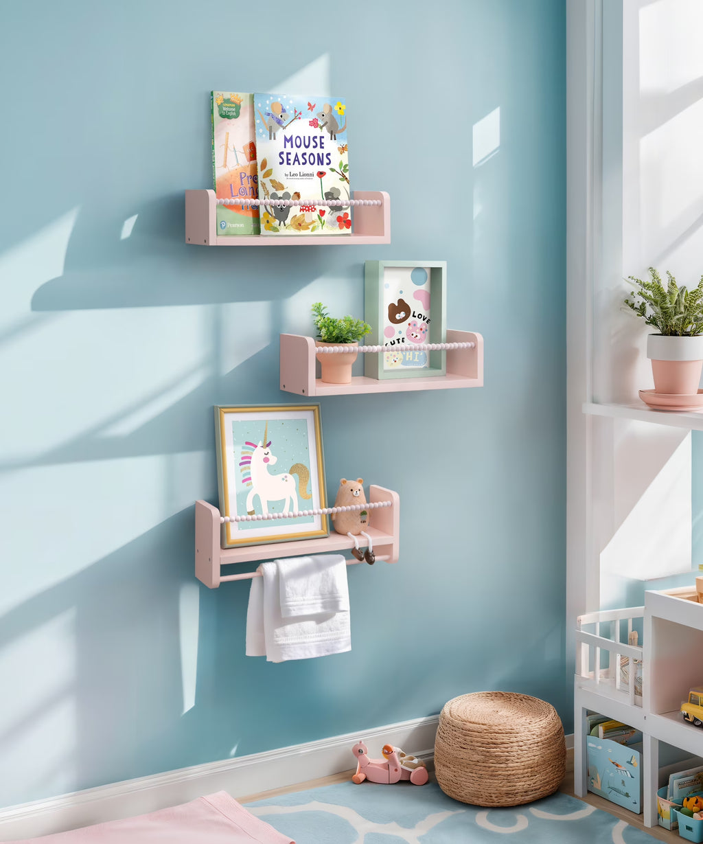 Nursery Floating Shelves for Wall, Kids Bookshelf Toy Storage Organizer Natural Wood Shelves Wall Mounted for Kids Room, Bedroom，Pink Set of 3 16In
