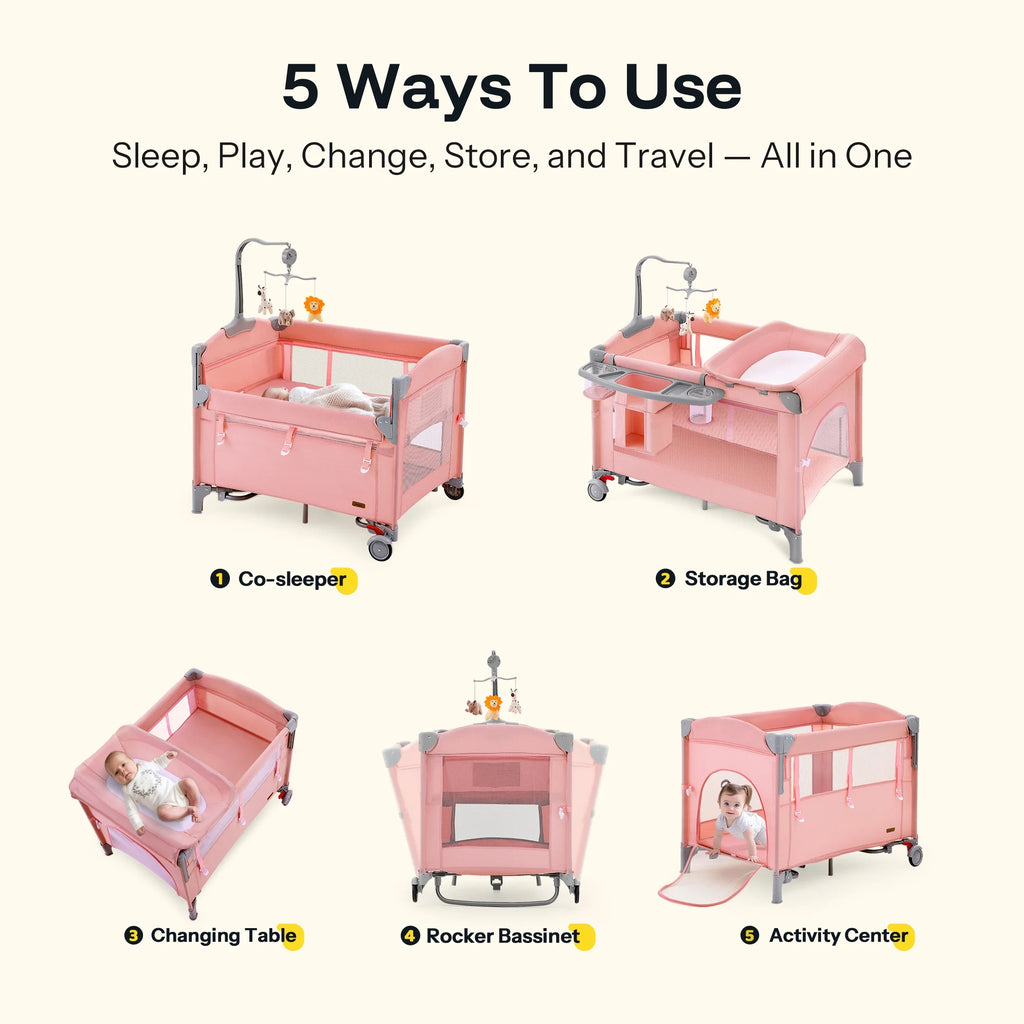 5 in 1 Baby Playard with Bassinet & Changing Table for Newborn, Pink