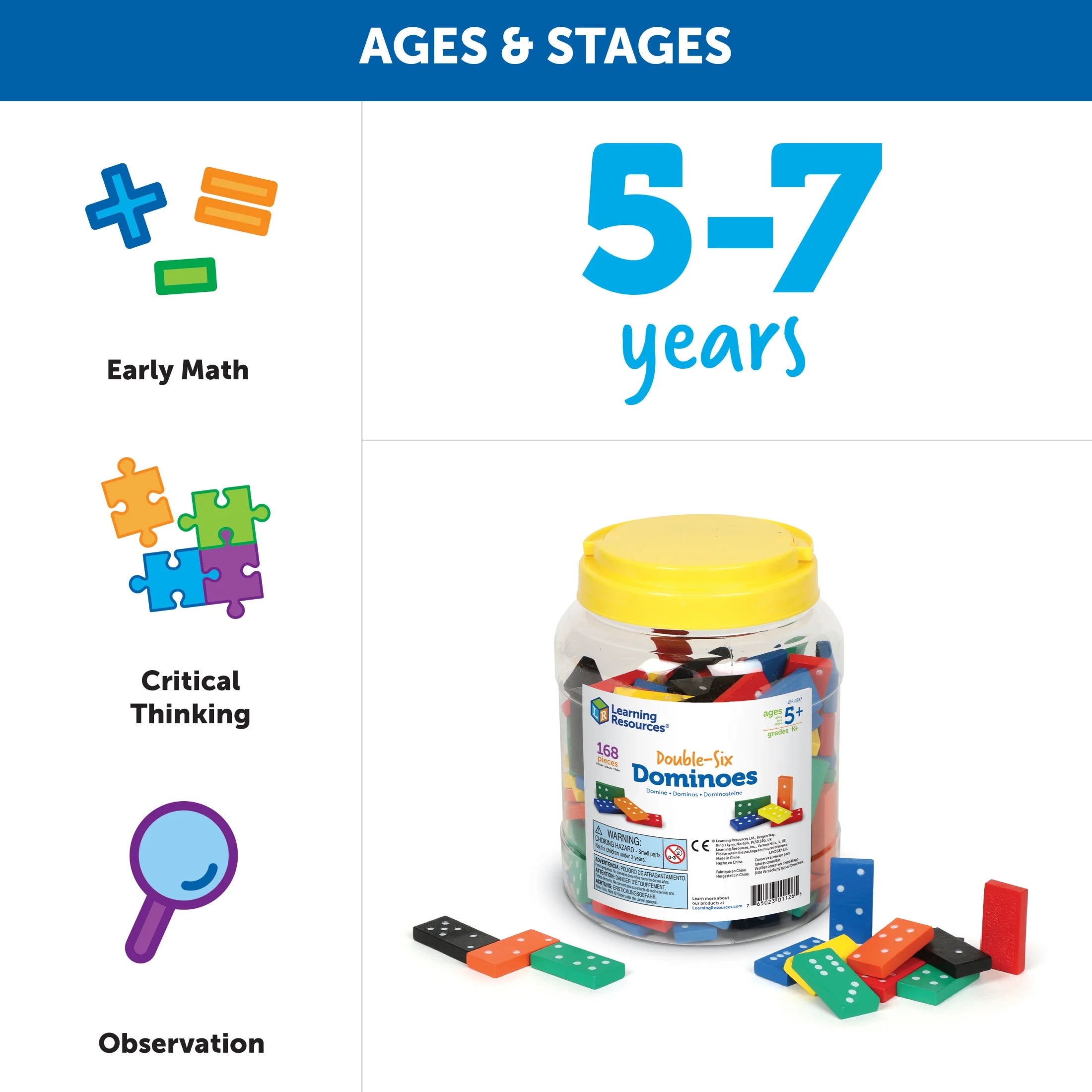 Double-Six Dominoes in Bucket, Math Manipulatives, 168 Pieces, Ages 5, 6, 7+